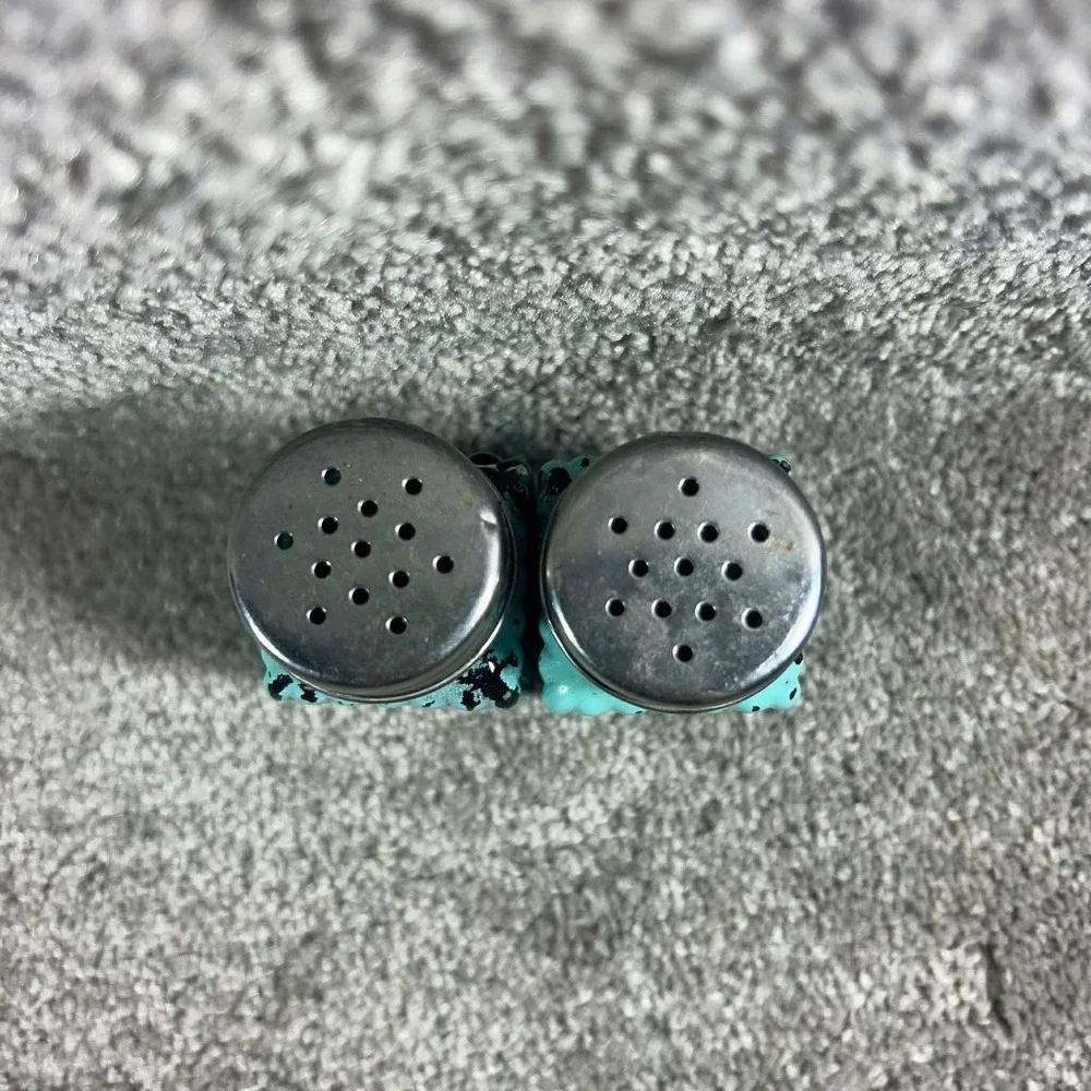 Turquoise Blue Distressed Salt Pepper Shaker Set Farmhouse Kitchen
